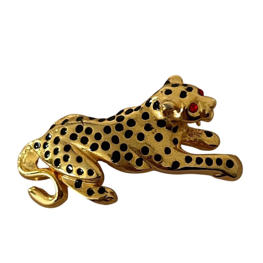 Vintage Gold Tone Leopard Panther Brooch Red Eyes Black Spots Pin